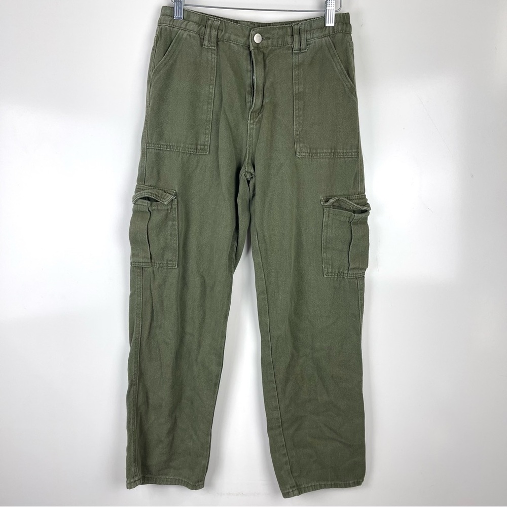 Women’s Green Cargo Baggy Jeans Medium Straight Leg Stretch Utility Pocket Pants